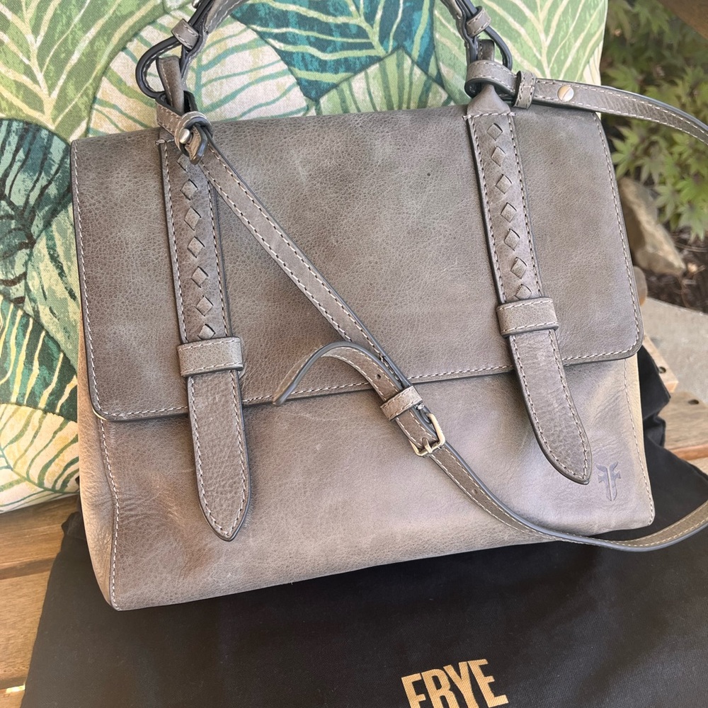 NWOT FRYE Distressed Leather Reed Flap Satchel Bag Purse in Gray (not boots:)